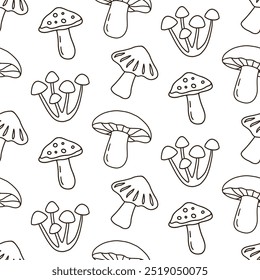 Mushrooms Seamless Pattern Cozy Autumn Hand Drawn Doodle Sketch Fungi Background. Fall Design Fabric Print Vector Illustration Vintage Retro Style