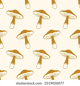 Mushrooms Seamless Pattern Cozy Autumn Hand Drawn Doodle Sketch Fungi Background. Fall Design Fabric Print Vector Illustration Vintage Retro Style