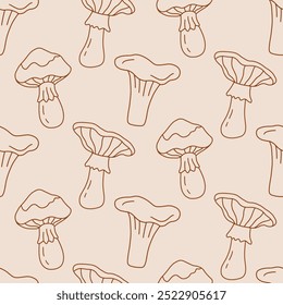 Mushrooms Seamless Pattern Cozy Autumn Hand Drawn Doodle Sketch Fungi Background. Fall Design Fabric Print Vector Illustration Vintage Retro Style