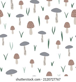 mushrooms seamless pattern. Creative autumn botanical texture. Vector forest background. Design for fabric, textile print, wrapping, cover