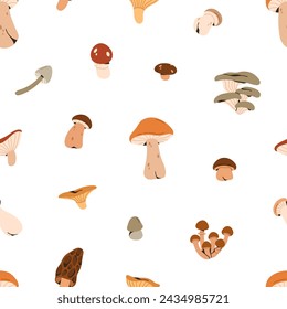 Mushrooms, seamless pattern design. Endless background, fall forest fungi. Autumn season fungus, repeating print, texture. Flat graphic vector illustration for wrapping, textile, cloth, fabric