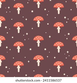 Mushrooms seamless pattern. Design for fabric, textile, wrapping paper. Hand drawn vector illustration