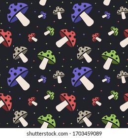 Mushrooms seamless pattern design. Fungi medicine agriculture on a black background. Vector illustration.