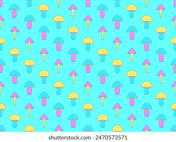 Mushrooms seamless pattern. Mushrooms of different shapes in the color scheme of the 80s. Mushrooms of yellow, blue and pink colors. Design for wallpaper, wrappers, covers. Vector illustration