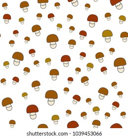 Mushrooms seamless pattern. Different sizes edible mushrooms with brown hat flat vector isolated on white background. Ripe cep cartoon illustration for wrapping paper, prints on fabric, greeting cards