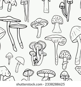 Mushrooms seamless pattern. Edible mushrooms and toadstools. Healthy food background. Autumn forest plants sketches for textiles, wallpaper, coloring, packaging