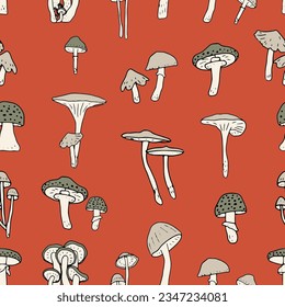 Mushrooms seamless pattern. Edible mushrooms and toadstools. Healthy food background. Autumn forest plants sketches for textiles, wallpaper, coloring, packaging