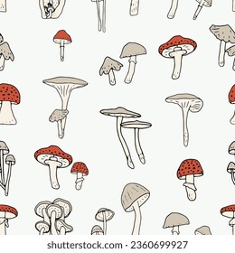 Mushrooms seamless pattern. Edible mushrooms and toadstools. Healthy food background. Autumn forest plants sketches for textiles, wallpaper, coloring, packaging