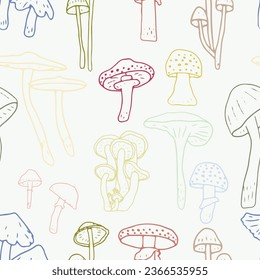 Los hongos son un patrón inquebrantable. Hongos y taburetes comestibles. Experiencia en alimentos sanos. Bosques de otoño para bocetos textiles, papel pintado, coloreado, embalaje