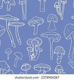 Mushrooms seamless pattern. Edible mushrooms and toadstools. Healthy food background. Autumn forest plants sketches for textiles, wallpaper, coloring, packaging