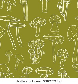 Mushrooms seamless pattern. Edible mushrooms and toadstools. Healthy food background. Autumn forest plants sketches for textiles, wallpaper, coloring, packaging