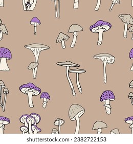 Mushrooms seamless pattern. Edible mushrooms and toadstools. Healthy food background. Autumn forest plants sketches for textiles, wallpaper, coloring, packaging