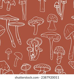 Mushrooms seamless pattern. Edible mushrooms and toadstools. Healthy food background. Autumn forest plants sketches for textiles, wallpaper, coloring, packaging