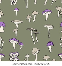 Mushrooms seamless pattern. Edible mushrooms and toadstools. Healthy food background. Autumn forest plants sketches for textiles, wallpaper, coloring, packaging