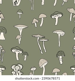 Los hongos son un patrón inquebrantable. Hongos y taburetes comestibles. Experiencia en alimentos sanos. Bosques de otoño para bocetos textiles, papel pintado, coloreado, embalaje