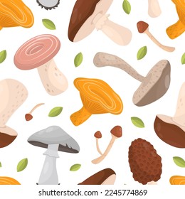 Mushrooms seamless pattern. Forest edible mushrooms repeating print for wallpaper, wrapping paper, textile, package design cartoon vector
