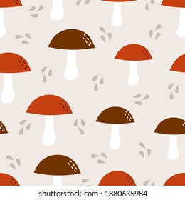 Mushrooms seamless pattern. Forest ornamental texture. Great for printing, packaging. Vector illustration.