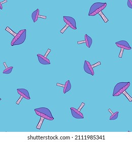 Mushrooms seamless pattern. Fungi background. Repeated texture in doodle style for fabric, wrapping paper, wallpaper, tissue. Vector illustration.