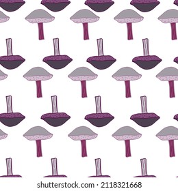 Mushrooms seamless pattern. Fungi background. Repeated texture in doodle style for fabric, wrapping paper, wallpaper, tissue. Vector illustration.