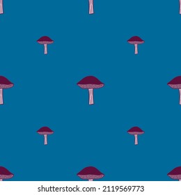 Mushrooms seamless pattern. Fungi background. Repeated texture in doodle style for fabric, wrapping paper, wallpaper, tissue. Vector illustration.