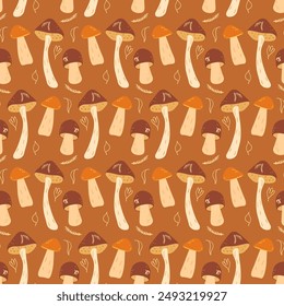 Mushrooms seamless pattern. Fungus endless background. Vector hand drawn flat illustration.