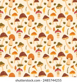 Mushrooms seamless pattern. Fungus repeat background. Vector hand drawn illustration.