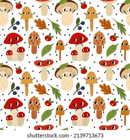 Mushrooms seamless pattern. Funny cartoon characters with eyes and hands, cute forest plants, kids wallpaper and print, autumn botanical elements white background. Vector