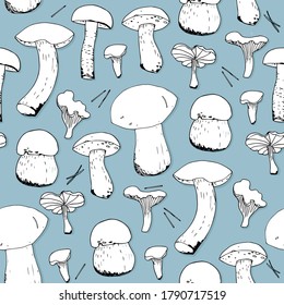 The mushrooms are a seamless pattern, Hand drawing..  For paper, cover, fabric, gift wrapping, wall art, interior decor. Vector