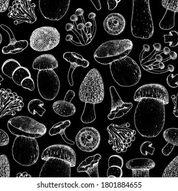 Mushrooms seamless pattern. Hand drawn sketch. Various mushrooms hand drawn vector illustration. Food background. Forest mushrooms. Black and white.