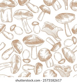 Mushrooms seamless pattern hand drawn. Sketch style mushroom background. Vector ink illustration.