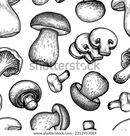 Mushrooms seamless pattern. Hand drawn ink illustration. Retro style.
