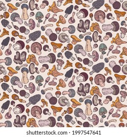 Mushrooms seamless pattern are hand-draw, doodle graphic. Autumn forest. Vector illustration. Colored trendy Flat design. Outline style. For Textile, Wallpaper, Card design.