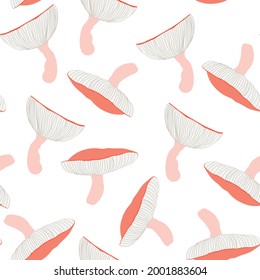 Mushrooms seamless pattern. Hand-drawn illustration. Design for natural products, paper, packaging, wallpaper, fabric, textile. 