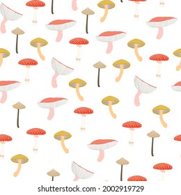 Mushrooms seamless pattern. Hand-drawn illustration. Design for natural products, paper, packaging, wallpaper, fabric, textile. White background.