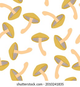 Mushrooms seamless pattern. Hand-drawn illustration. Design for natural products, paper, packaging, wallpaper, fabric, textile. White background.