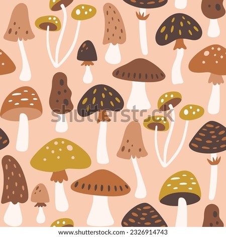 Mushrooms seamless pattern. Isolated mushrooms on warm color backrgound. Square repeat pattern design. Vector illustration.