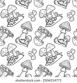 Mushrooms seamless pattern in line art style, line, autumn, harvest, vector