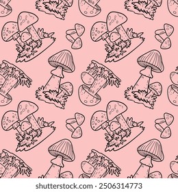 Mushrooms seamless pattern in line art style, line, autumn, harvest, vector