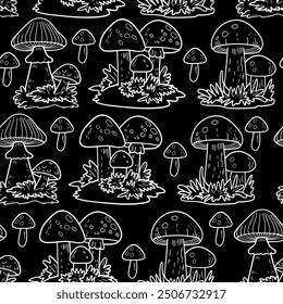 Mushrooms seamless pattern in line art style, line, autumn, harvest, vector