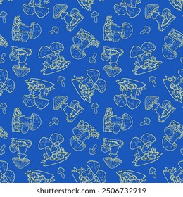 Mushrooms seamless pattern in line art style, line, autumn, harvest, vector