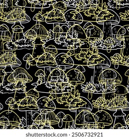 Mushrooms seamless pattern in line art style, line, autumn, harvest, vector