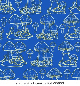 Mushrooms seamless pattern in line art style, line, autumn, harvest, vector