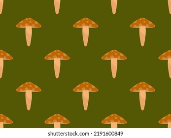 Mushrooms seamless pattern. Mushroom hat with dots on green background. Design for posters, wrapping paper and promotional items. Vector illustration