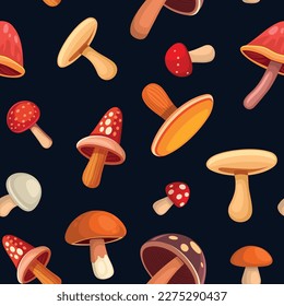 Mushrooms Seamless Pattern on Black Background. Vector