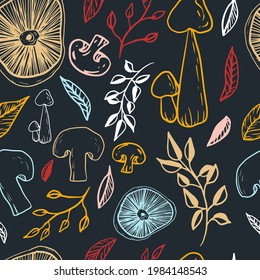 Mushrooms seamless pattern on a blue background. Forest, mushroom print for textiles in doodle style. Vector illustration.