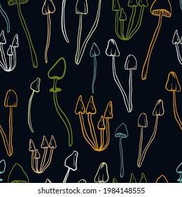 Mushrooms seamless pattern on a blue background. Forest, mushroom print for textiles in doodle style. Vector illustration.