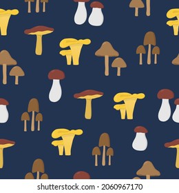 Los hongos son un patrón impecable en un fondo azul oscuro. Textura creativa de otoño para tela, envoltura, textil, papel pintado, vestimenta. Ilustración del vector