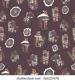 Mushrooms seamless pattern on dark background. Vector hand drawn illustration.