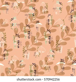 Mushrooms seamless pattern on dark background. Vector hand drawn illustration.