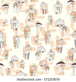 Mushrooms seamless pattern on dark background. Vector hand drawn illustration.